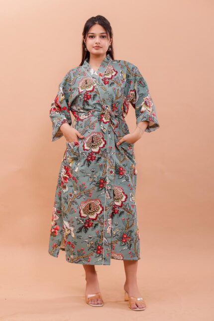 Luxury Waffle Cotton Teal-Grey Heritage Floral Bathrobe