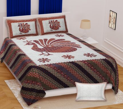Barmeri 100 x 108 Traditional Peacock Block Print Bedsheet