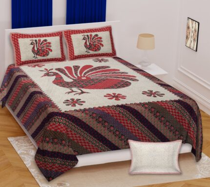 Barmeri 100 x 108 Crimson Peacock Block Print Bedsheet