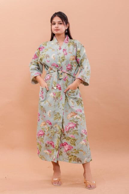 Luxury Waffle Cotton Sage Green Floral Bathrobe
