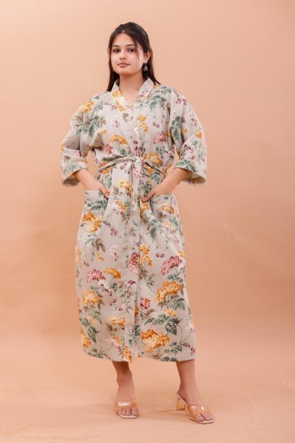 Luxury Waffle Cotton Beige Floral Bathrobe